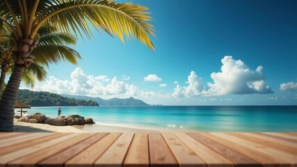 Poster - Wooden floor or plank on sand beach in summer. For product display. Calm Sea and Blue Sky Background
