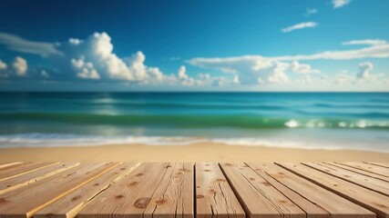 Poster - Wooden floor or plank on sand beach in summer. For product display. Calm Sea and Blue Sky Background