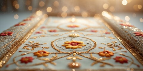 Poster - exquisite close-up of intricate floral embroidery on fabric with soft warm lighting