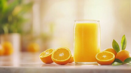 Wall Mural -   A glass of orange juice next to sliced oranges and a green leaf on a table bathed in sunlight