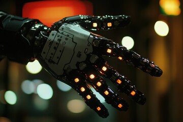 Poster - Intricate robotic hand showcases glowing lights in a futuristic urban setting at night