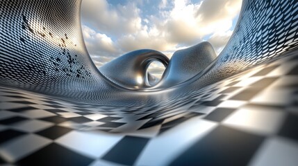 Poster - Futuristic metal tunnel, checkered floor, sky view, architectural concept