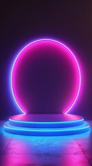Poster - Dynamic neon lights illuminate a geometric stage designed for product presentations, featuring a circular arch and striking podiums that enhance visual appeal