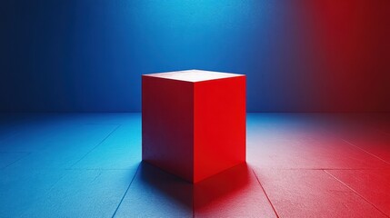 Poster - Red cube on blue-red floor, spotlight, studio