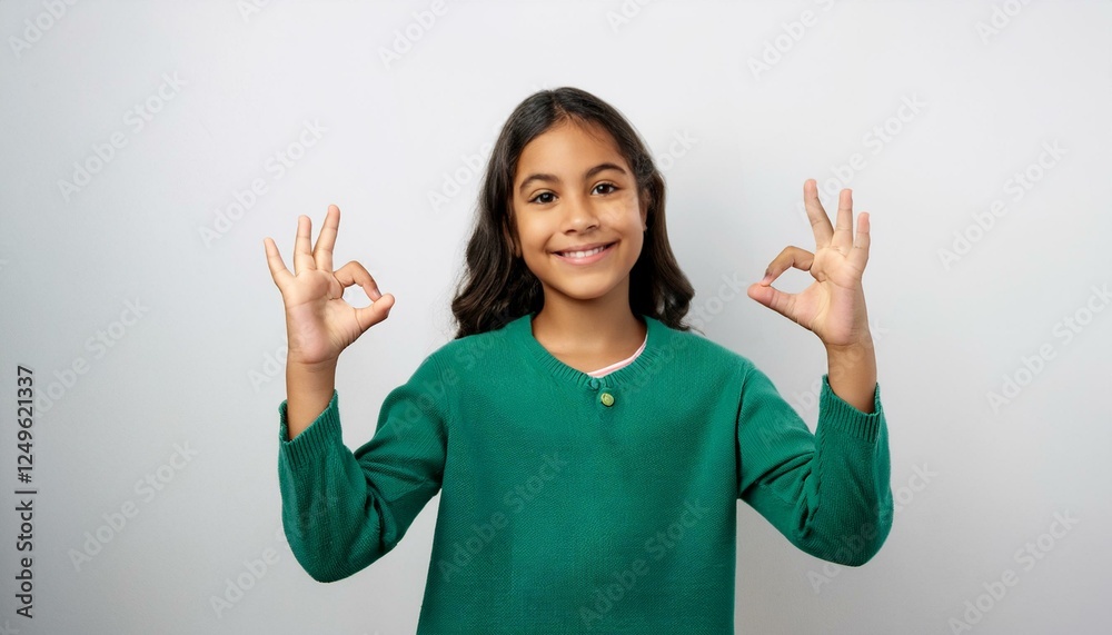 The girl signs each letter of the American Sign Language (ASL) alphabet ...