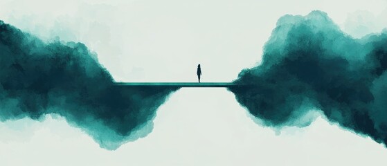 Poster - Solitary figure in ethereal mist abstract landscape digital artwork dreamlike environment wide angle
