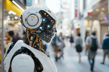 Poster - Modern humanoid robot interacts with pedestrians in a busy urban street during daylight hours
