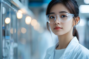 Poster - Young woman in lab coat and safety glasses working in a modern laboratory setting