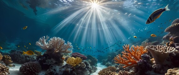 Wall Mural - Lively Underwater Scene Capturing Colorful Coral Reefs Swarming Fishes and the Dance of Light Filtering Through the Crystal Water Above