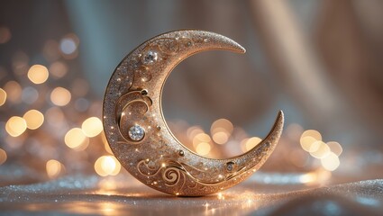 Poster - Elegant crescent moon ornament surrounded by sparkling lights at a cozy evening event