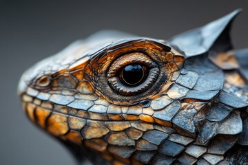 Poster - Close-up view of a textured reptile showcasing intricate scales and piercing eye in a natural setting during daylight