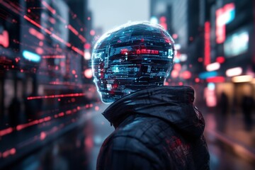 Poster - Futuristic figure with digital head amidst a vibrant urban landscape at twilight