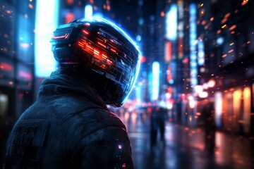 Poster - Futuristic figure explores neon-lit city streets at night with glowing helmet and digital patterns