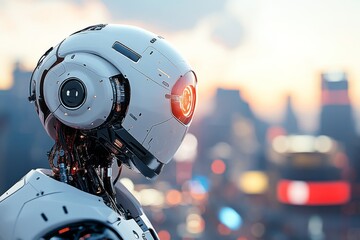 Poster - Futuristic robot observing the skyline at sunset in a vibrant cityscape filled with towering buildings and glowing lights