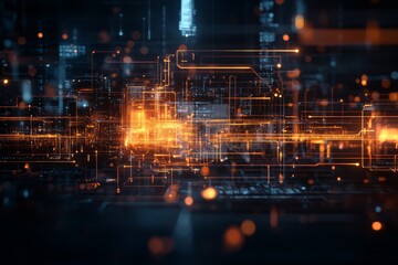 Poster - Futuristic digital landscape with glowing circuits and data streams illuminating a high-tech urban environment