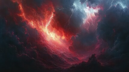 fiery storm cloudscape, lightning strikes, apocalyptic background, fantasy art