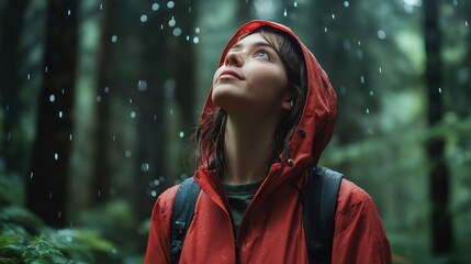 young woman wearing a red light raincoat with a hood, standing in a forest. She is looking up towards the sky with a peaceful expression on her face