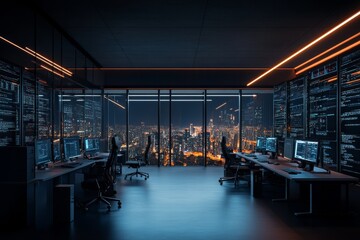 Poster - Busy city skyline viewed from a high-tech office at night with glowing screens and chairs