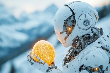 Poster - Robot holding glowing orb in snowy mountain landscape during twilight
