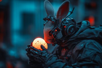 Poster - Futuristic rabbit character holds glowing orb in a high-tech environment at twilight