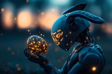 Poster - Robot holds glowing egg in a mystical setting at twilight with a futuristic aesthetic
