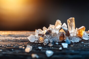 Poster - Crystals glimmering under soft sunlight on a dark wooden surface during golden hour