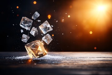 Poster - Ice cubes splash dramatically on a dark surface with suspended droplets and warm bokeh lights in the background