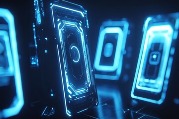 Fototapete - Futuristic glowing panels illuminated in a dark environment, emphasizing technology and innovation