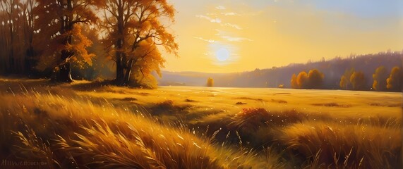 Wall Mural - Exquisite Oil Painting of a Sunlit Autumn Meadow Where Golden Grasses and Warm Colors Elicit a Sense of Peace and Nostalgia