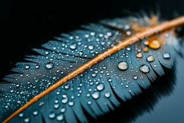 Poster - Close-up view of a colorful feather with water droplets illuminated in natural light