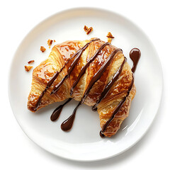 Poster - Buttery croissant drizzled with rich chocolate sauce, served on a pristine white plate with scattered sweet brittle pieces.