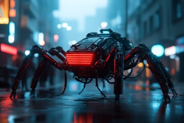 Poster - Futuristic robotic spider exploring a neon-lit city street at night