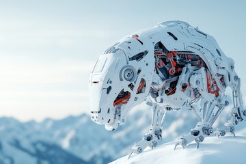 Poster - Robotic creature resembling a bear stands on snowy landscape with mountains in background