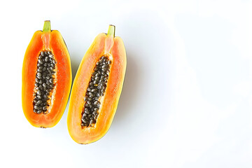 Canvas Print - Halved papaya fruit displays vibrant orange flesh and numerous black seeds against a clean, white background.