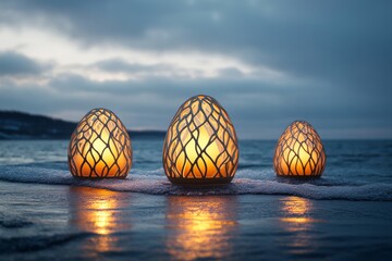 Poster - Decorative lanterns glowing by the shore at dusk create a serene atmosphere in a coastal setting