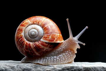 Poster - Colorful snail crawls slowly on a stone surface against a black background in natural light