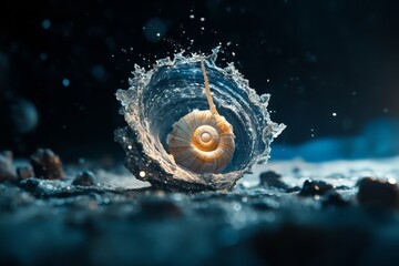 Poster - Beautiful seashell submerged in water creates stunning splash effect at sunset
