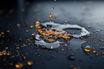 Poster - Close-up view of water droplets creating ripples on a dark surface illuminated by soft light
