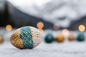 Wall Mural - Colorful Easter eggs arranged on snow in a mountain setting during springtime festivities