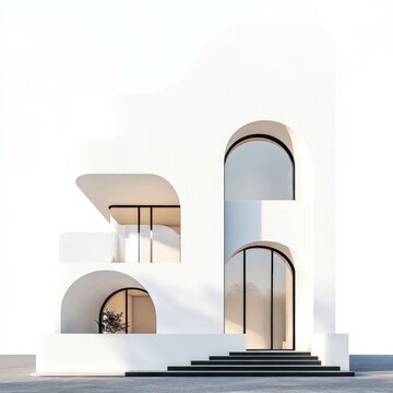 Modern white minimalist house architectural rendering, coastal setting, sunny day, showcasing arched windows and design, ideal for real estate marketing