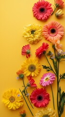 Aufkleber - Delicate blooms in a variety of colors are artfully arranged against a bright yellow backdrop, creating a cheerful and inviting atmosphere perfect for floral lovers and artistic projects