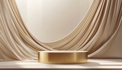 Poster - Modern Product Showcase: Gold Display Fabric With Geometric Shapes On Pedestal, Platform Cosmetic Presentation For Promotion And Stand. Render Included.