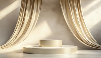Poster - Modern Product Showcase: Display Fabric Flutter Gold With Geometric Shapes On Pedestal Platform For Cosmetic Presentation, Promotion, And Stand Render