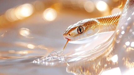   A close-up photo of a snake with a toothpick in its mouth and water in the background