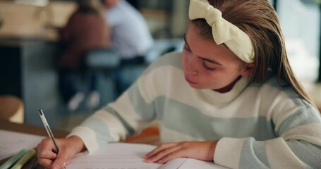 Poster - Learning, girl and writing on paper in home for homework assignment, assessment notes and study. Student, books and homeschool project for scholarship, knowledge and exam information at dining table