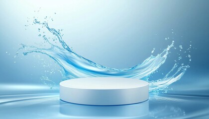 Poster - Abstract Water Splash Blue Podium For Realistic Cosmetic, Perfume, And Product Presentation. Ideal For Showcasing Products In A Professional And Striking Way.
