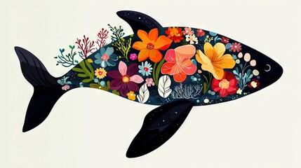 Wall Mural -   Painting of fish with floral decorations on its body against a dark background with white backdrop