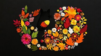 Wall Mural -   Black background, flowers/leaves forming O on left side