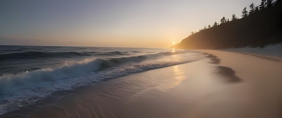 Wall Mural - An inviting view of a tranquil ocean shore at dawn where gentle waves caress the beach bringing serenity into every breath