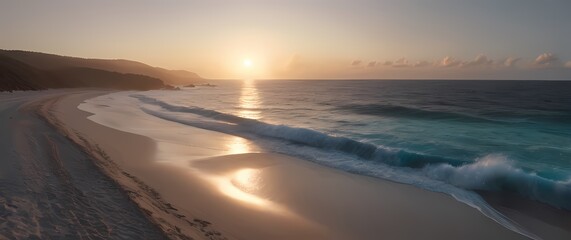 Wall Mural - An inviting view of a tranquil ocean shore at dawn where gentle waves caress the beach bringing serenity into every breath